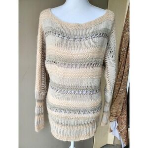 Boston Proper Sweater Womens XS Beige Gray‎ Metallic Open Knit Beachy Boho Chic
